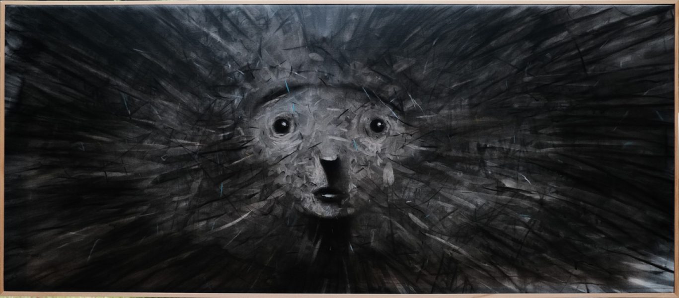 Surface, charcoal, softpastel on canvas, 43.4 x 102 x 3 cm (framed), 2023